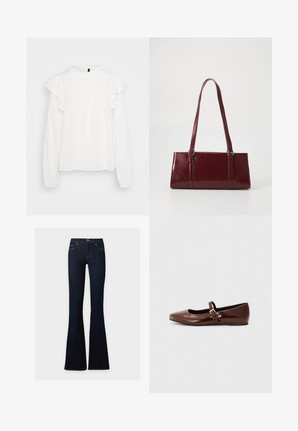 Blouse blanche à manches longues avec des épaules froncées, col haut, tissu texturé et poignets élastiques.; Jean en denim bleu foncé à taille haute, ajusté sur les hanches et les cuisses, évasé en bas.; Ballerine en cuir verni marron avec un bout carré et une lanière ornée d'une petite boucle dorée. Texture lisse, talon bas et design minimaliste.; Sac à main bordeaux en matériau brillant, de forme rectangulaire, avec deux anses et des accents légèrement courbés à l'avant.