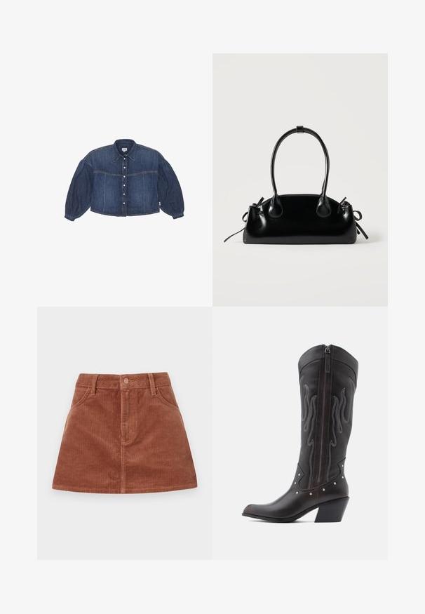 Kraftigt blå cropped denimskjorte med knaplukning foran, spidse kraver og pufærmer. Har horisontale syninger.; Brun corduroy mini nederdel med vertikal ribbet tekstur, forlommer, en knaplukning og en lige snit.; Brune læder cowboystøvler med flammebroderi, sidelukning med lynlås, sølvnitter, spids snude og lagdelt hæl.; Lille sort blank håndtaske med to lange håndtag og snøre-detaljer i siden på en ensfarvet lys baggrund.