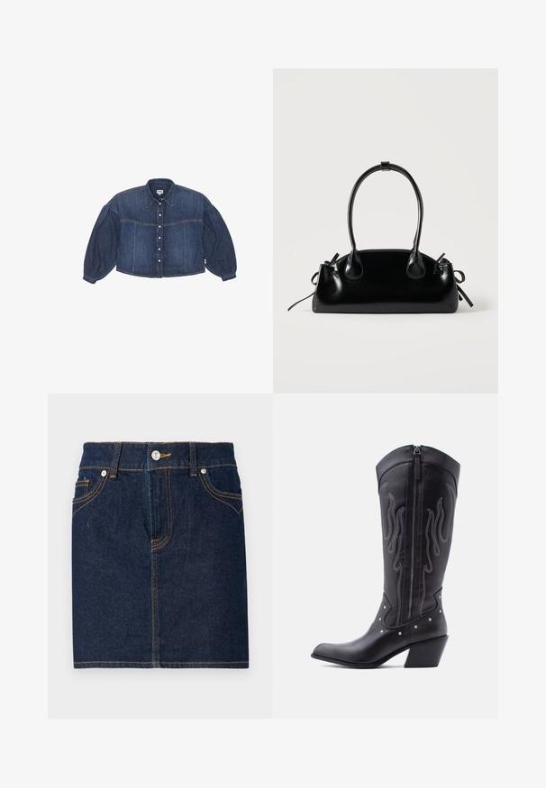 Korte spijkerblouse in donkerblauw met een knoopsluiting aan de voorkant, puntige kraag en opbollende lange mouwen. Voorzien van horizontale stikdetails.; Donkerblauwe denim rok met zichtbare stiksels, vijf zakken en een knoopsluiting aan de voorkant. Rechte snit met een schone zoomlijn.; Zwarte leren cowboylaarzen met een puntige neus, zichtbare stiksels, zilveren studaccenten en een ritssluiting aan de binnenkant.; Kleine zwarte glanzende handtas met twee lange hengsels en zijkant trekkoord details op een effen lichte achtergrond.