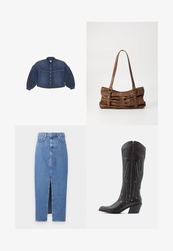 Abgeschnittenes Denim-Hemd in Dunkelblau mit Knopfverschluss, spitzem Kragen und puffartigen langen Ärmeln. Verfügt über horizontale Nähdetails.; Hellblaues Denim-Midi-Rock mit einem vorderen Schlitz, klassischem Fünf-Taschen-Design und einem oberen Knopfverschluss. Der Stoff hat eine leichte Textur.; Braune Cowboy-Stiefel aus Leder mit Flammenstickerei, seitlichem Reißverschluss, silbernen Nieten, spitzer Zehenpartie und geschichtetem Absatz.; Even&Odd Handtasche - brown
