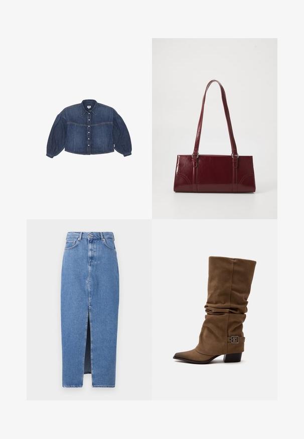 Kraftigt blå cropped denimskjorte med knaplukning foran, spidse kraver og pufærmer. Har horisontale syninger.; Lyseblå denim midi-nederdel med en frontslids, klassisk fem-lomme design og lukning med topknap. Stoffet har en let struktur.; Brun slacky mid-kalv støvle med spids tå, lav blokhæl og dekorativ spænde rem nær anklen på en ensfarvet hvid baggrund.; Bordeaux håndtaske lavet af glansfuldt materiale, rektangulær form, med to skulderremme og subtile buede detaljer på forsiden.