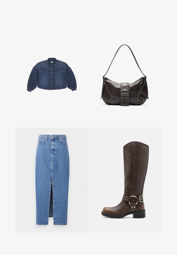 Abgeschnittenes Denim-Hemd in Dunkelblau mit Knopfverschluss, spitzem Kragen und puffartigen langen Ärmeln. Verfügt über horizontale Nähdetails.; Hellblaues Denim-Midi-Rock mit einem vorderen Schlitz, klassischem Fünf-Taschen-Design und einem oberen Knopfverschluss. Der Stoff hat eine leichte Textur.; Braune Leder-Knöchelstiefel mit einer runden, metallischen Akzent und Schnalle. Leicht strukturierte Oberschicht, gestapelter Absatz und runde Zehenform.; Braune Lederumhängetasche mit gebogener Form, die mit einem auffälligen Schnallendetail, kontrastierenden Nähten und einem einzigen Schulterriemen ausgestattet ist.