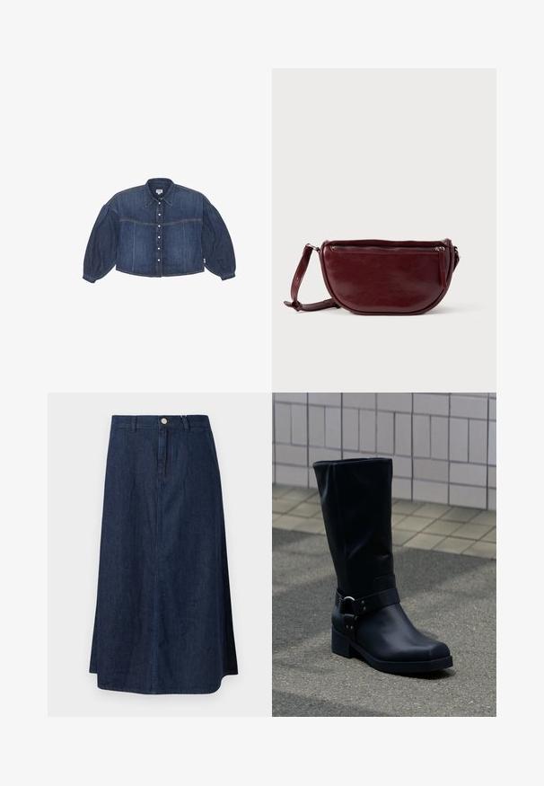 Kraftigt blå cropped denimskjorte med knaplukning foran, spidse kraver og pufærmer. Har horisontale syninger.; Denim midi-nederdel i mørkeblå, med lige snit, frontknaplukning og subtile syningsdetaljer langs sømmene.; Sort læderstøvle midt på læggen med lav blokhæle og en dekorativ rem med metal spænde rundt om anklen, på en flisebelagt fortov.; Vinrød læderhåndtaske med halvmåneform, lynlås og aftagelig rem. Glat tekstur med en subtil glans.