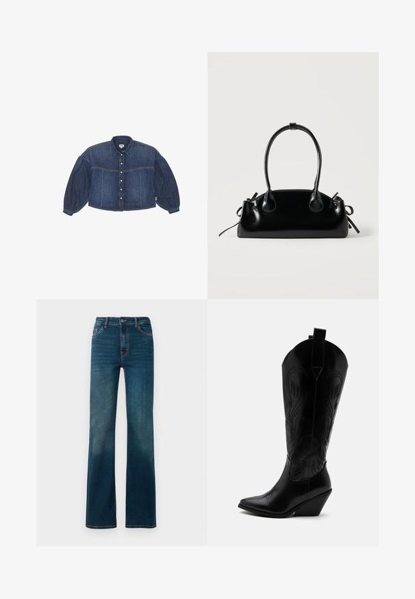 Korte spijkerblouse in donkerblauw met een knoopsluiting aan de voorkant, puntige kraag en opbollende lange mouwen. Voorzien van horizontale stikdetails.; Donkerblauwe, high-waisted jeans met een rechte pijp. Gemaakt van denim, met contrasterende stiksels en een klassiek ontwerp met vijf zakken.; Zwarte leren cowboylaars met puntige neus, schuine blokhak, decoratieve stiksels en aantreklusjes bovenaan tegen een witte achtergrond.; Kleine zwarte glanzende handtas met twee lange hengsels en zijkant trekkoord details op een effen lichte achtergrond.