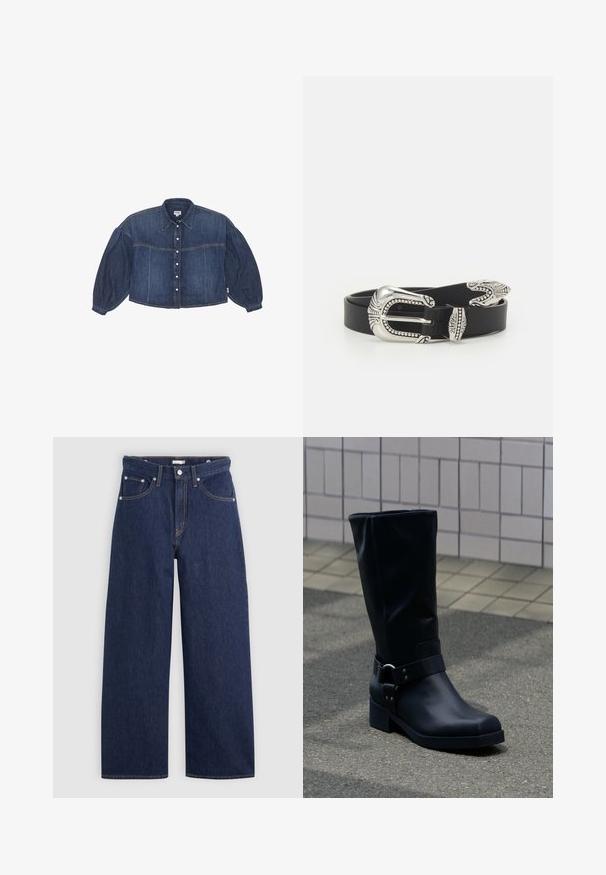 Tumedast denimsärk, millel on nuppude kaudu kinni pandud esiosa, terav krae ja puffitud pikad varrukad. Omab horisontaalset õmbluse detailide kujundust.; Tumedat sinised denimsirged püksid kõrge vöökohaga, viie taskuga, vöökonksudega ja vaskkangast detailidega. Sile tekstuur.; Must nahktõlvik keskmise vasikaosa kõrgusega, madala plokksanga ja kaunistava metallkinnitusega rihmaga ümber pahkluu, plaaditud kõnniteel.; Must värviline nahkvöö, millel on suur hõbedane metallist pandla, mis on rikkaliku detailiga ja dekoratiivsete aktsentidega mõlemal pool.