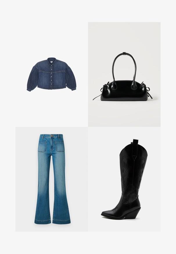 Kraftigt blå cropped denimskjorte med knaplukning foran, spidse kraver og pufærmer. Har horisontale syninger.; Blå højtaljede denimjeans med forreste patchlommer og svajede ben, med knap- og lynlåslukning.; Sort læder cowboystøvle med spidst tåparti, skråt blokhælhæl, dekorative sømme og trækstropper øverst mod hvid baggrund.; Lille sort blank håndtaske med to lange håndtag og snøre-detaljer i siden på en ensfarvet lys baggrund.