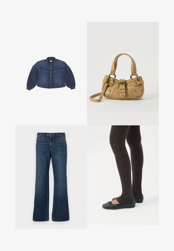 Korte spijkerblouse in donkerblauw met een knoopsluiting aan de voorkant, puntige kraag en opbollende lange mouwen. Voorzien van horizontale stikdetails.; Donkerblauwe wijde jeans met klassiek ontwerp met vijf zakken, voorzien van een knoopsluiting en subtiele vervaging. Gemaakt van denimstof.; Benen met donkere geribbelde leggings gecombineerd met zwarte ballerina's met kleine strikdetails op een witte achtergrond.; Beige leren handtas met dubbele handvatten, messing gesps en klinknagel details, en een verstelbare schouderriem tegen een witte achtergrond.