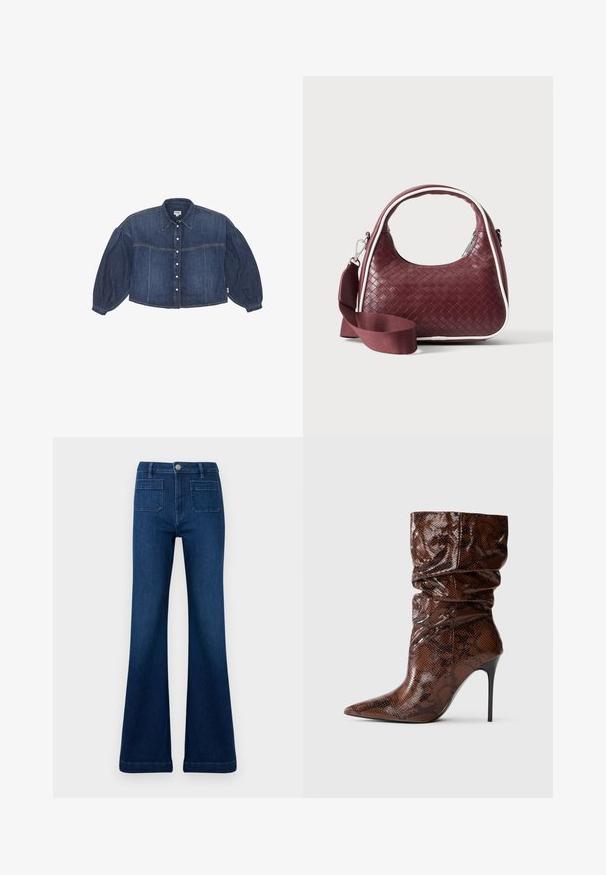Korte spijkerblouse in donkerblauw met een knoopsluiting aan de voorkant, puntige kraag en opbollende lange mouwen. Voorzien van horizontale stikdetails.; Donkerblauwe flared jeans van denim, met een hoge taille, twee achterzakken en contrasterende stiksels langs de naden.; Bruine laarzen van leer met slangenhuidenpatroon, slouchy ontwerp, met een spitse neus en hoge slanke zwarte stilettohak op een witte achtergrond.; Donkerrode geweven leren handtas met gebogen handvat, witte bies, zilveren rits en afneembare brede stoffen schouderriem tegen een effen achtergrond.