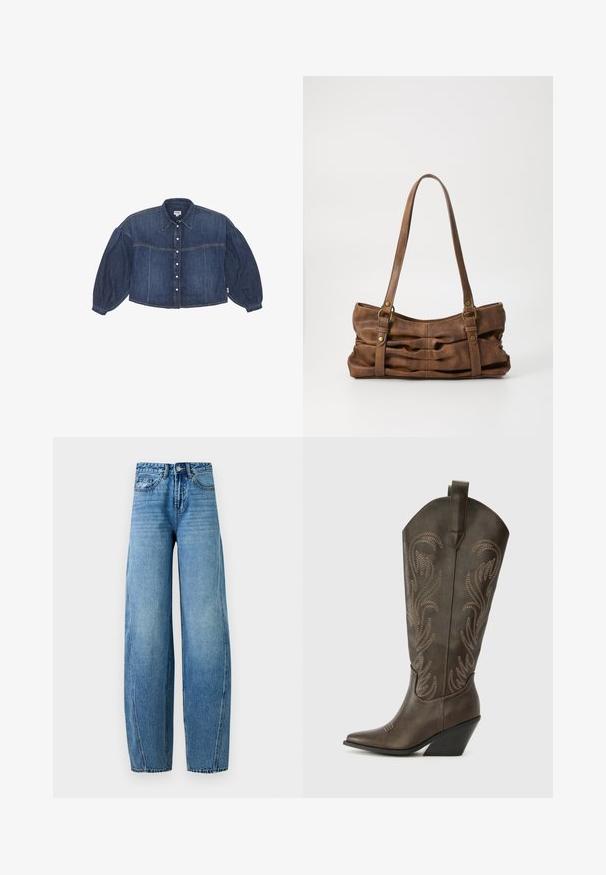 Kraftigt blå cropped denimskjorte med knaplukning foran, spidse kraver og pufærmer. Har horisontale syninger.; Højtaljede blå denimjeans med vide ben, foran lukning med knap og lynlås samt for- og baglommer, vist på en ensfarvet baggrund.; Brune læder cowboystøvle med spids tå, kilehæl og dekorativ broderi. Har en høj stok og en trækflap.; Even&Odd by Zalando Håndtasker - brown