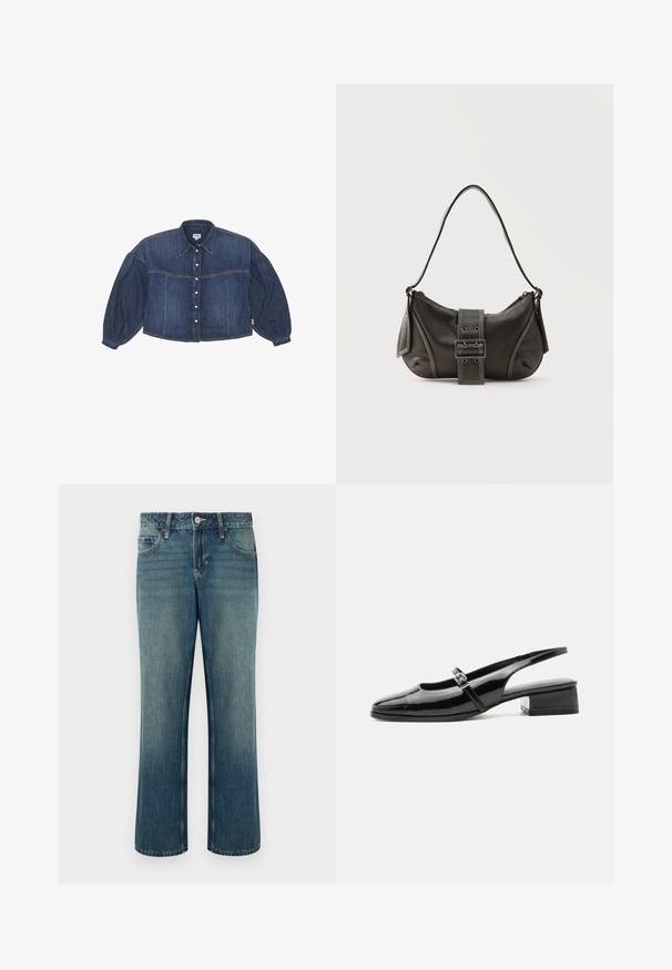 Kraftigt blå cropped denimskjorte med knaplukning foran, spidse kraver og pufærmer. Har horisontale syninger.; Blå denimjeans med lige snit, talje i mellemhøjde, fem lommer og diskret falmning. Lukkes med knap og har bæltestropper.; Sort laklæderslingback-sko med lav blokhæl og tynd rem med sølvspænde over toppen.; Sort læder skuldertaske med spænde på remmen, afrundede kanter og kontrasterende hvide syninger på en ensfarvet baggrund.