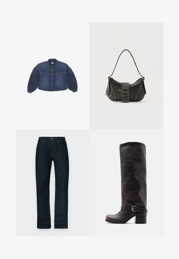 Kraftigt blå cropped denimskjorte med knaplukning foran, spidse kraver og pufærmer. Har horisontale syninger.; Mørkeblå denimjeans med lige ben, forenklet med knapper foran og lommer, vist mod en hvid baggrund.; Mørkebrun læderstøvle til knæet med rund tå, lav blokhæle og dekorativ rem med sølvspænde ved anklen.; Sort læder skuldertaske med spænde på remmen, afrundede kanter og kontrasterende hvide syninger på en ensfarvet baggrund.