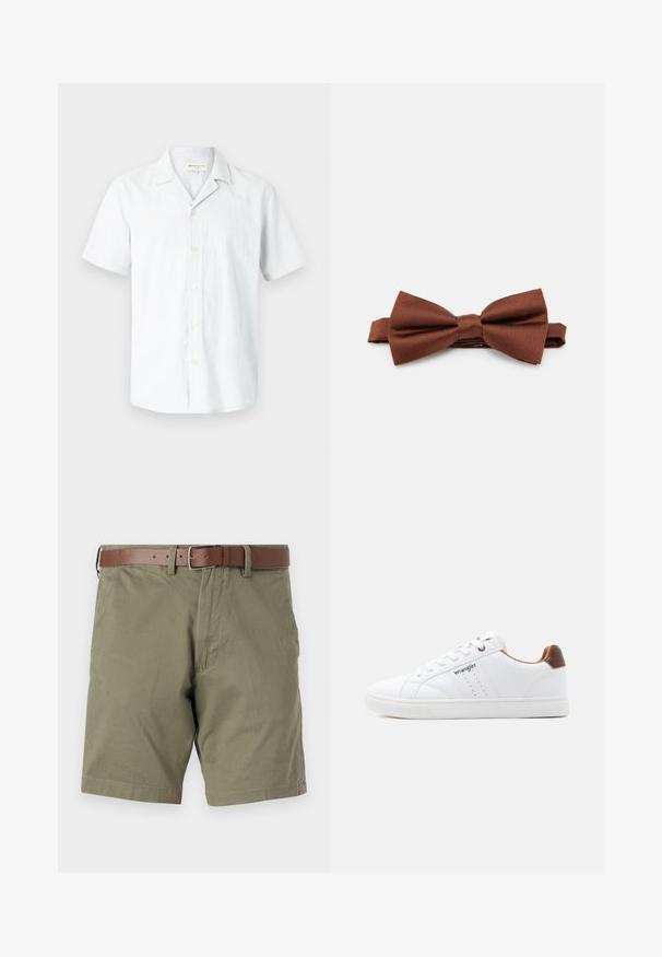Chemise à manches courtes, de couleur gris clair, boutonnée, en mélange de lin, avec un col camp et six boutons à l'avant, texture lisse.; Shorts vert olive en tissu, dotés d'une ceinture en cuir marron, de poches avant et d'un ourlet droit. Texture lisse et design décontracté.; Baskets basses blanches avec lacets blancs, détails perforés, logo "Wrangler" sur le côté et accent marron au talon sur fond uni.; Noeud papillon en satin marron avec une texture lisse, doté d'un nœud central et d'une sangle ajustable, idéal pour les occasions formelles.