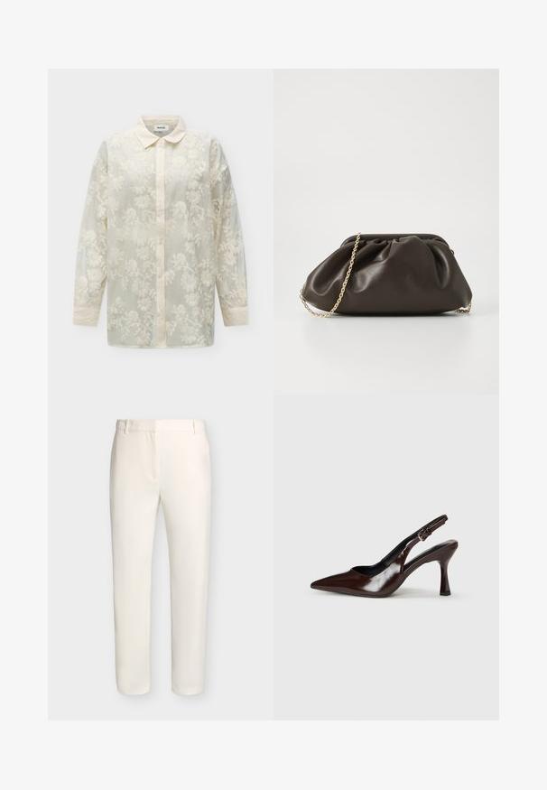 Blouse crème transparente à manches longues avec broderie florale, fermeture boutonnée à l'avant et col arrondi.; Pantalon blanc sur mesure avec passants de ceinture et coupe slim, présenté sur un fond clair uni.; Talons slingback en cuir verni brun avec un bout pointu, un talon fin, et une sangle réglable avec une petite boucle.; Sac à main en cuir marron avec un design froncé, une bandoulière en chaîne dorée et une finition douce et texturée. Sa forme compacte est idéale pour une utilisation en soirée.