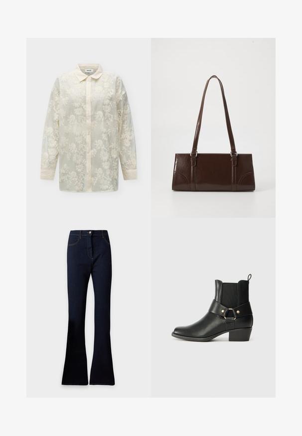 Blouse crème transparente à manches longues avec broderie florale, fermeture boutonnée à l'avant et col arrondi.; Jeans évasés en denim bleu foncé avec poches avant, passants de ceinture et fermeture par bouton sur un fond uni.; Bottine en cuir noir avec un bout rond, des panneaux latéraux élastiques et une bride décorative avec un accent en anneau doré. Design à talon bloc.; Sac à main en cuir verni marron de forme rectangulaire, avec deux longues poignées et des accents courbés subtils à l'avant.