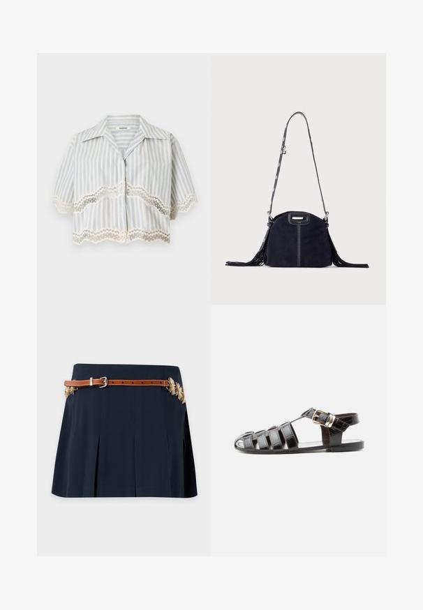 Blouse courte à manches courtes avec rayures verticales bleues et bordure en dentelle festonnée aux manches et à l'ourlet, devant boutonné, col ouvert.; Jupe plissée bleu marine avec une fine ceinture marron et des ornements floraux dorés sur les côtés.; Sandale de pêcheur en cuir noir avec bout ouvert, multiples brides et fermeture à boucle dorée sur une semelle plate, vue de profil.; Sac à main en daim bleu foncé avec des coutures blanches, une poignée découpée, une bandoulière à motif et de longues franges des deux côtés.