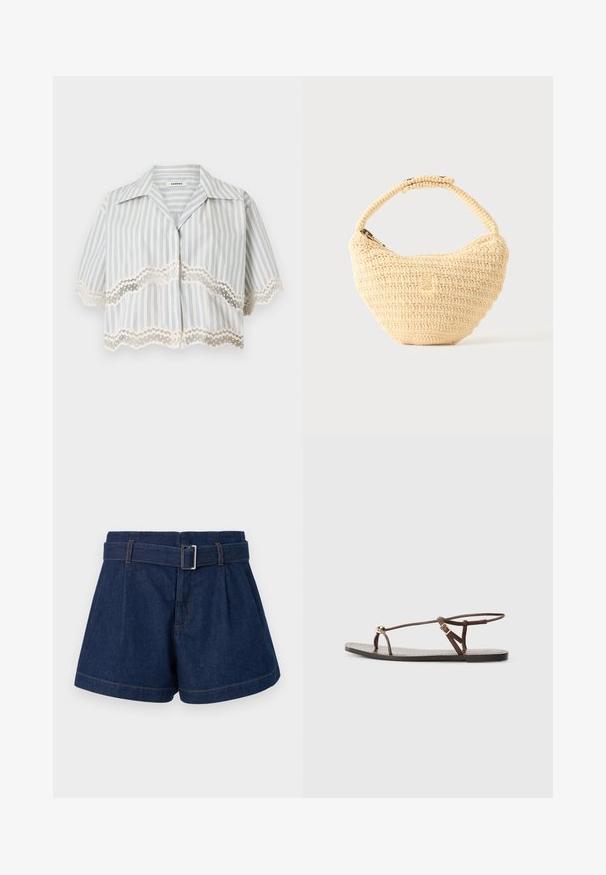 Blouse courte à manches courtes avec rayures verticales bleues et bordure en dentelle festonnée aux manches et à l'ourlet, devant boutonné, col ouvert.; Shorts en denim bleu foncé avec un large design plissé, une ceinture avec une boucle en métal et des détails de couture orange visibles.; Sandale en cuir marron avec des fines lanières, un accent circulaire doré et une semelle plate. Design minimaliste avec un détail de boucle réglable.; Sac à main beige tissé avec corps arrondi, fermeture éclair et une sangle courte et épaisse dans un style crochet simple et texturé.