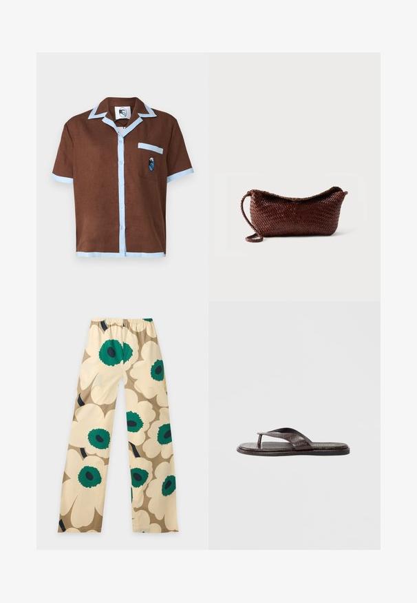 Korte mouwen bruine shirt met een lichtblauwe kraag en zakafwerking, met een klein geborduurd ontwerp op de zak.; Beige broek met wijde pijpen en grote bloemenprint met crèmekleurige bloembladeren en groene centra, weergegeven op een effen lichte achtergrond.; Bruine leren teenslipper met een getextureerd krokodillenpatroon. Voorzien van een gevormde band en een platte zool voor een minimalistisch ontwerp.; Bruine leren gevlochten tas met een enkele riem en een gebogen bovenkant tegen een effen witte achtergrond.