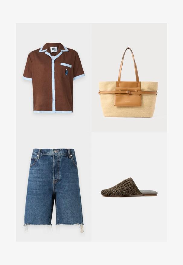 Chemise à manches courtes marron avec un col et des bordures de poche bleu clair, présentant un petit design brodé sur la poche.; FRAME THE LEISURE - Short en jean - blue; Mule tissée marron à enfiler avec une semelle plate et un bout fermé arrondi sur fond blanc.; Grand sac fourre-tout tissé beige avec deux poignées en cuir marron, une pochette avant en cuir et une sangle horizontale en cuir avec un détail en nœud.