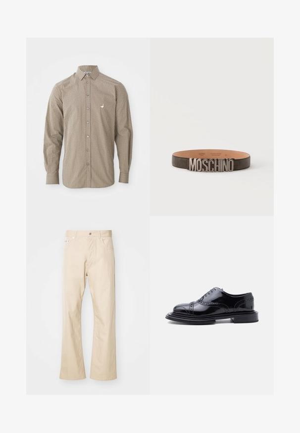 Brun og beige ternet langærmet skjorte med button-down krave, lomme og lille broderet logo på brystet.; Beige bukser lavet af bomuld, med en lige ben-edesign, to frontlommer, bæltestropper og metalknaplukning.; Sort poleret læder broguesko med vingetip-perforering og stablet hæl, vist i sideprofil mod en hvid baggrund.; Sort læderbælte med store sølvmetalbogstaver, der staver MOSCHINO på frontspændet, vist på en ensartet lys baggrund.