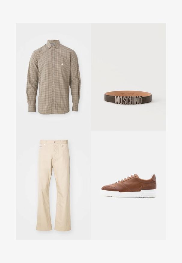Chemise à manches longues à carreaux marron et beige avec un col boutonné, une poche et un petit logo brodé sur la poitrine.; Pantalons beiges en coton, avec une coupe droite, deux poches avant, passants de ceinture et fermeture à bouton en métal.; Baskets basses en cuir marron avec lacets blancs et semelle en caoutchouc blanche épaisse, présentées de profil sur un fond clair uni.; Ceinture en cuir noir avec de grandes lettres métalliques argentées formant le mot MOSCHINO sur la boucle avant, présentée sur un fond clair uni.