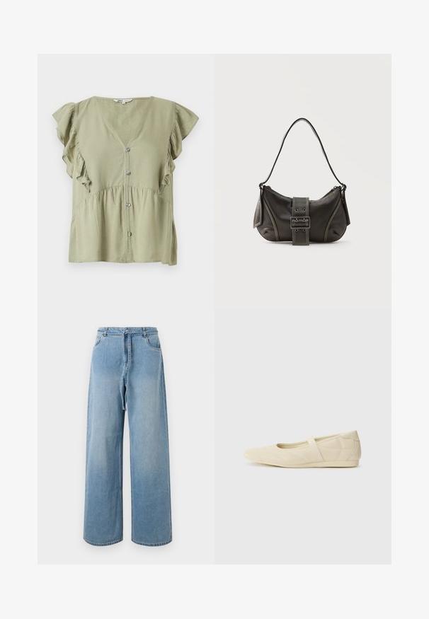Blouse boutonnée vert olive clair avec col en V et manches courtes à volants, détails froncés à la taille.; Jean large en denim bleu clair avec taille haute, comportant des poches avant, une ceinture à nouer et une texture délavée.; Ballerines beiges avec une exterior en cuir lisse, un bout en forme d'amande et une sangle élastique sur le coup de pied, avec des détails de couture subtils.; Sac à épaule en cuir noir avec une sangle à boucle, des bords arrondis et des coutures blanches contrastées sur un fond uni.