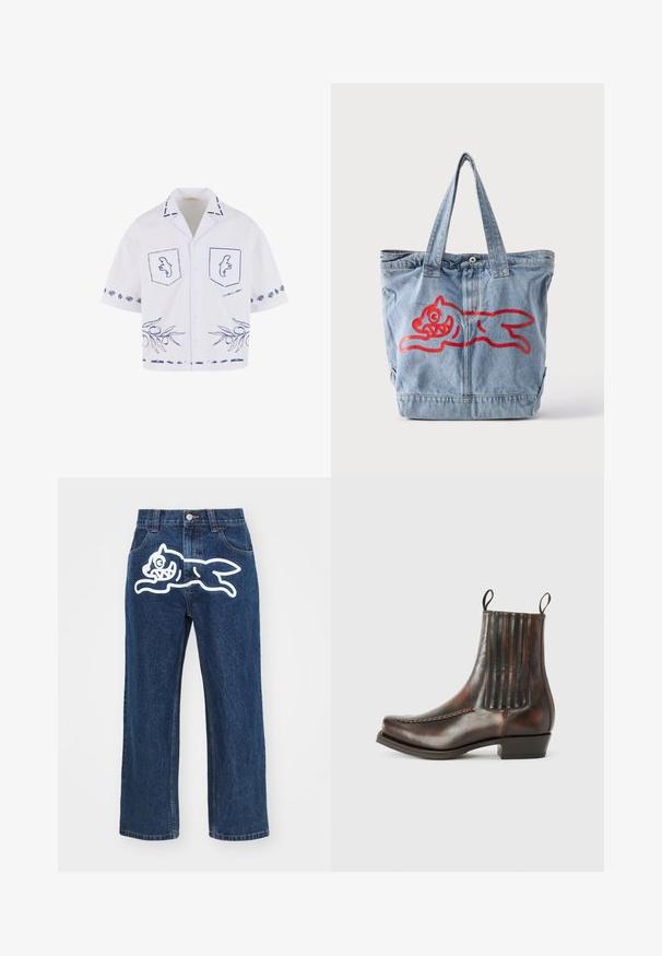 Chemise blanche à manches courtes avec des motifs graphiques bleus, y compris des poches, un motif de branche d'olivier et des détails de col contrastants.; Jean large bleu foncé avec un grand graphisme de chien cartoon blanc sur la poche arrière. Texture en denim, design traditionnel à cinq poches.; Bottine en cuir marron avec une finition lisse, des panneaux élastiques sur les côtés, un bout rond, des coutures décoratives et un petit talon carré.; Sac fourre-tout en denim bleu clair avec deux poignées et un contour rouge représentant un dessin animé d'animal courant sur le devant.