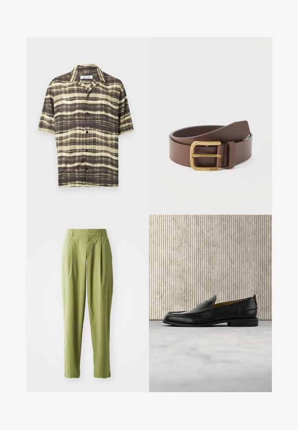 Chemise pour homme à manches courtes, boutonnée, avec un motif à carreaux rayé horizontal marron et beige, col ouvert, sur fond uni.; Pantalons vert clair en tissu texturé, présentant une coupe droite, des plis à l'avant et une taille standard.; Mocassin pour homme en cuir noir avec un dessus embossé effet croco et un petit talon, présenté de profil sur un fond neutre.; Ceinture en cuir marron roulée avec une boucle rectangulaire dorée gravée du mot « BOSS » sur un fond blanc.