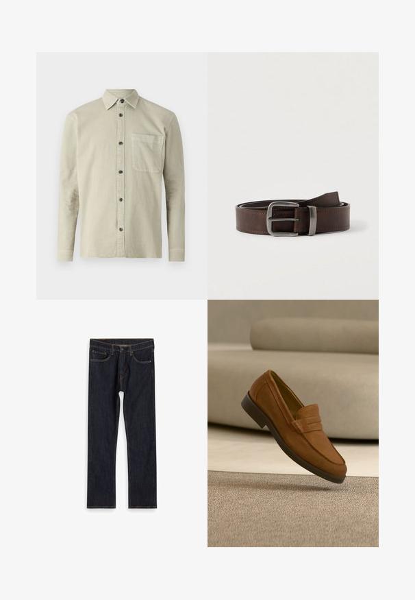 Langærmet skjorte i lyse beige stof. Har en spids krave, en brystlomme og sorte knapper. Enkel, struktureret design.; Mørkeblå lige ben denim jeans med forlommer, bæltestropper og kontrast orange syninger, lagt fladt på hvid baggrund.; Brun mokkalæderloafer med mørk sål svævende over beige tæppe, beige sofa i baggrunden.; Mørkebrunt læderbælte med sølv rektangulært spænde, rullet og placeret mod en lys neutral baggrund.
