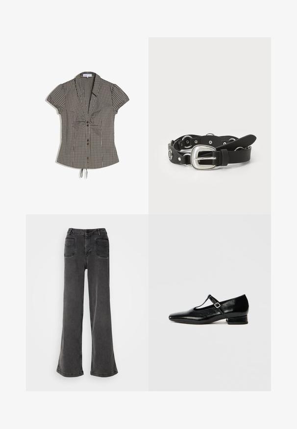 Blouse à manches courtes à carreaux marrons et blancs avec col, boutons sur le devant, poitrine froncée et ourlet à cordon ajustable.; Jean noir taille haute à jambes larges en denim, avec une fermeture à bouton, des passants de ceinture et deux poches arrière avec des accents cousus.; Chaussures Mary Jane en cuir noir avec bout pointu, petit talon carré et bride ajustable avec une boucle argentée. Texture lisse et brillante.; Ceinture en cuir noir avec une boucle en métal argenté, des accents décoratifs et des éléments en forme circulaire. Texturée avec une finition lisse et plusieurs trous.