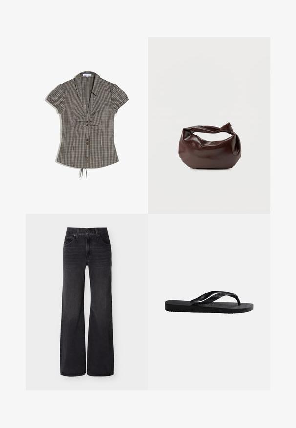 Blouse à manches courtes à carreaux marrons et blancs avec col, boutons sur le devant, poitrine froncée et ourlet à cordon ajustable.; Jean noir taille haute à jambes larges avec bouton avant, fermeture éclair, passants de ceinture et style cinq poches sur un fond uni.; Tongs en caoutchouc noir avec semelle texturée et bride en Y lisse sur un fond clair uni.; Sac bandoulière en cuir marron foncé avec une forme souple et décontractée et une anse nouée torsadée sur un fond blanc uni.