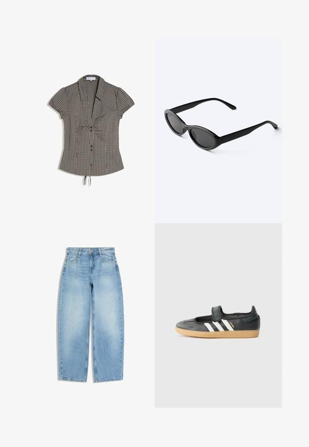 Korte mouwen, bruin-wit geruite blouse met kraag, knopen aan de voorkant, geplooide buste en verstelbare tunnelsluiting aan de zoom.; Lichtblauwe jeans met wijde pijpen, voorzakken, riemlussen en een knoopsluiting op een witte achtergrond.; Zwarte leren en suède sneaker met een klittenbandsluiting, voorzien van drie witte strepen en een gumzool, met de naam "SAMBA" aan de zijkant.; Strakke zwarte ovale zonnebril met donkere glazen en rechte pootjes, rustend op een wit oppervlak.