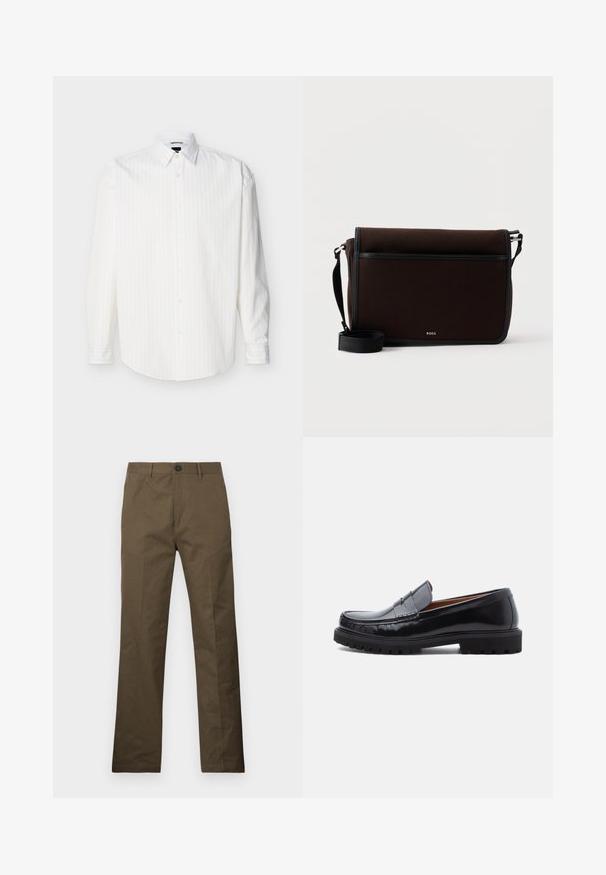 Chemise blanche à manches longues avec boutons, rayures verticales discrètes et col pointu, présentée à plat sur un fond clair.; Pantalon en coton brun à coupe droite, avec une fermeture à bouton et des poches latérales, exposé sur un fond blanc.; Mocassin penny en cuir noir avec semelle en caoutchouc épaisse et couture moc toe, montré de profil sur un fond blanc.; Sac messager en tissu brun foncé avec une sangle noire ajustable et un petit logo argenté "BOSS" sur le rabat avant.