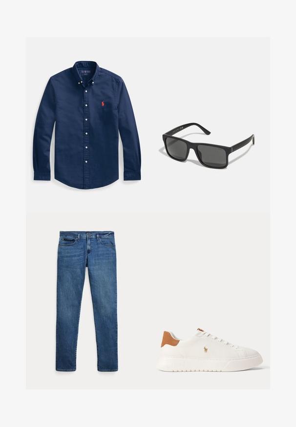 Marineblå skjorte med knapper lavet af bomuld, med spidst krave, lange ærmer og et lille rødt broderet logo på brystet.; Blå denimjeans med slim fit, der har forlommer, bæltestropper og lukning med knap på hvid baggrund.; Hvid lavtop sneaker med tan hælfane, hvide snørebånd og lille broderet polo-spiller logo på siden over en tyk sål.; Sorte rektangulære solbriller med mørke linser og mat finish. Har et præget "POLO"-logo på stængerne og et robust rammedesign.