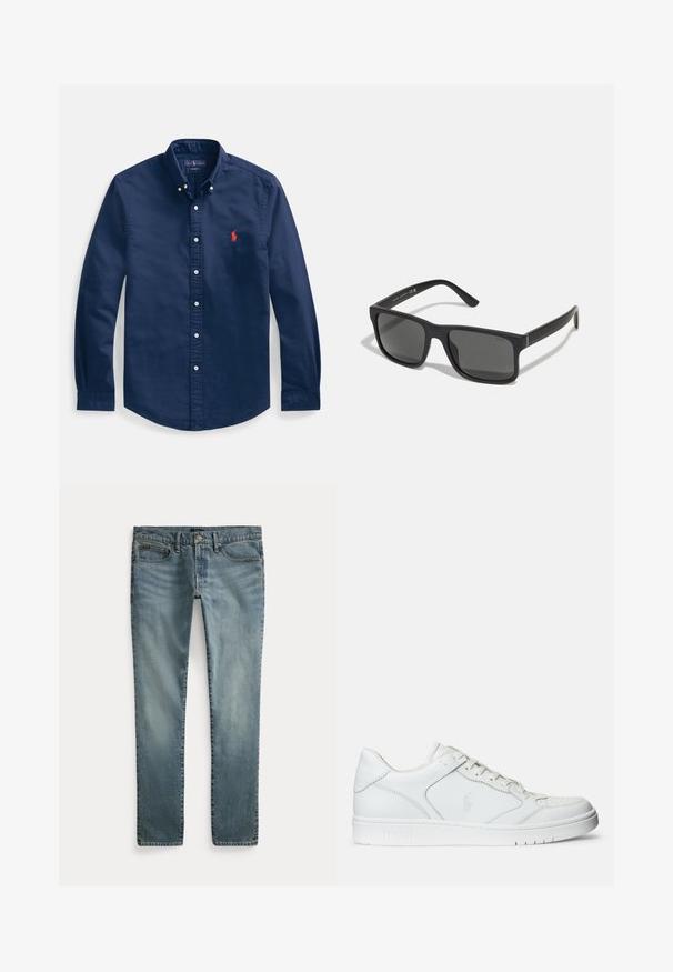 Marineblauw katoenen overhemd met knopen, voorzien van een puntige kraag, lange mouwen en een klein rood geborduurd logo op de borst.; Blauwe denim jeans met rechte pijpen, voorzakken, riemlussen en knoopsluiting.; Witte leren sneaker met een gladde textuur, voorzien van een geperforeerde neus, vetersluiting en geborduurde logo aan de zijkant. Witte rubberen zool.; Zwarte rechthoekige zonnebril met donkere lenzen en matte afwerking. Voorzien van het ingekruide "POLO"-logo op de armen en een robuust frameontwerp.