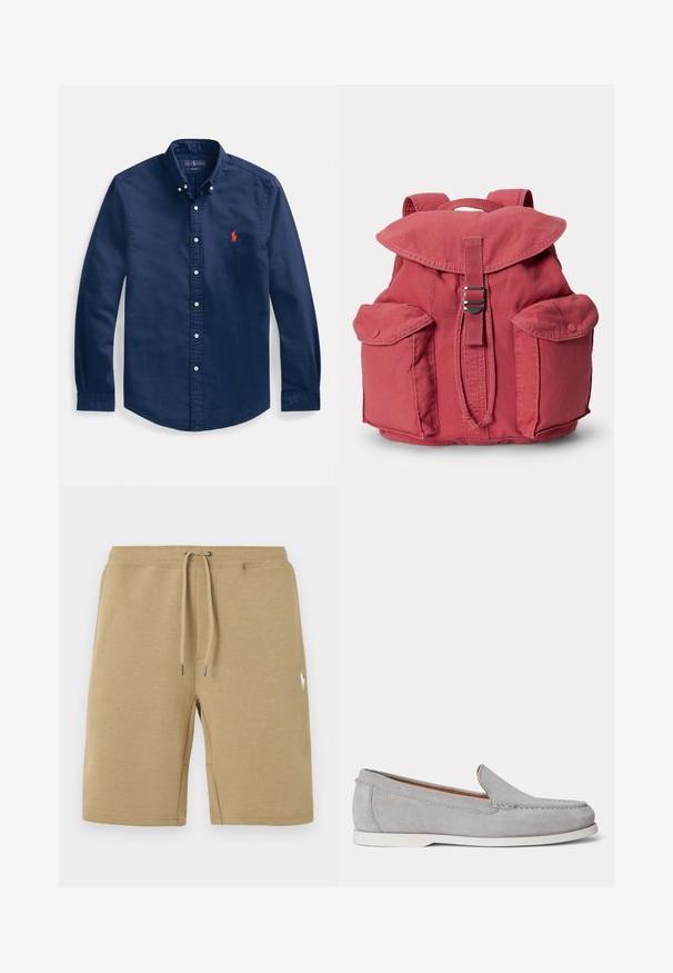 Marineblå skjorte med knapper lavet af bomuld, med spidst krave, lange ærmer og et lille rødt broderet logo på brystet.; Beige bomuldsshorts med snøre i taljen og hvidt broderet logo på højre lår.; Lysegrå ruskind slip-on loafer med hvid sål, synlige syninger og lav hæl vist i profil på hvid baggrund.; Rød stofrygsæk med to frontlommer med klap og central spænde lukning, vist mod en ensartet lys baggrund.