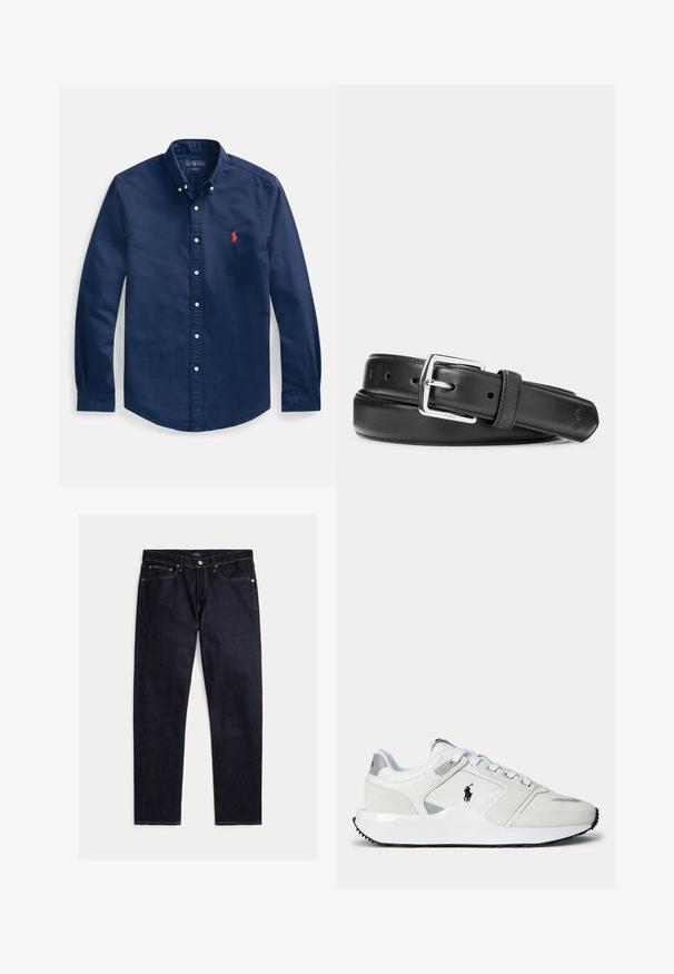 Marineblauw katoenen overhemd met knopen, voorzien van een puntige kraag, lange mouwen en een klein rood geborduurd logo op de borst.; Donker indigoblauwe rechte jeans met vijf zakken, knoop- en ritsluiting en contrasterende oranje stiksels op een effen achtergrond.; Witte lage sneaker met veterluiting, zwart logo aan de zijkant, grijze accenten en een dikke witte zool met zwart profiel.; Zwarte leren riem met zilverkleurige rechthoekige gesp, opgerold op een witte achtergrond, met een subtiel geperst logo aan de punt.