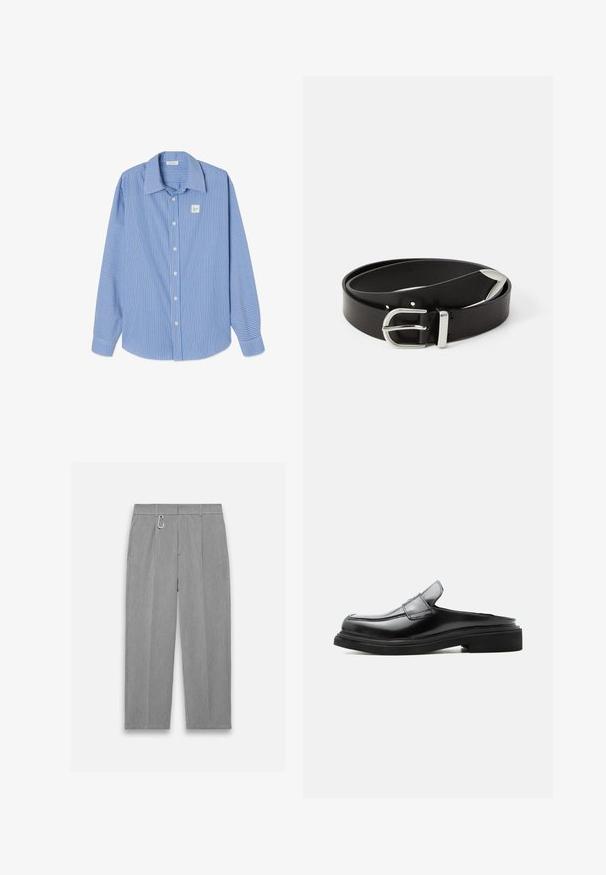 Blauw-wit gestreept overhemd met lange mouwen, een puntkraag, knopen aan de voorkant en een klein vierkant logo op de linkerborst.; Grijze, geplooide broek gemaakt van een gestructureerde stof. Voorzien van een karabijnhaak op de tailleband en zijzakken voor opslag.; Zwarte leren loafer met open achterkant, lage hak en doorgestikte details langs het bovenwerk en de zool, getoond in zijaanzicht op een witte achtergrond.; Zwarte leren riem met een zilveren metalen gesp, met een klassiek ontwerp en een gladde textuur. Inclusief gaatjes voor verstelbare pasvorm.