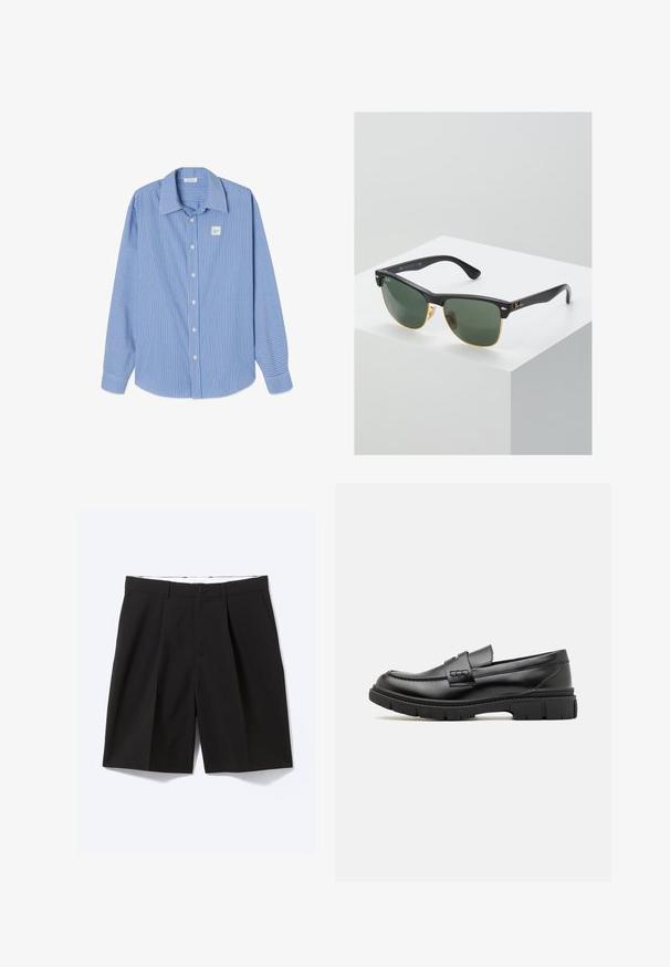 Blau-weiß gestreiftes Langarmhemd mit spitzem Kragen, Knopfleiste vorn und einem kleinen quadratischen Logoaufnäher auf der linken Brust.; Schwarze, maßgeschneiderte knielange Shorts mit Gürtelschlaufen, Seitentaschen, Knopfverschluss und vorderen Falten, flach auf weißem Hintergrund ausgelegt.; Schwarze Lederloafer mit einem breiten Riemen über dem Rist, Gummisohle mit dicken Profilen und glatter Textur. Klassisches, schlankes Design.; Ray-Ban Sonnenbrillen mit grünen Gläsern, schwarzen Kunststoffrahmen und goldenen Akzenten an den Rändern. Quadratische Form mit matter Oberfläche.
