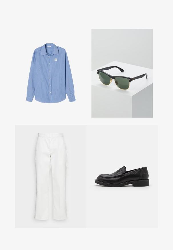 Camisa de manga larga a rayas verticales en azul y blanco, con cuello puntiagudo, botones frontales y un pequeño parche con logo cuadrado en el pecho izquierdo.; Pantalones de algodón blancos con un diseño de pierna recta, presillas para el cinturón y bolsillos laterales, con una textura suave y un detalle mínimo.; Mocasines de cuero negro con puntera redondeada, costuras tonales y un detalle de tira en la parte frontal. Suela de goma con un tacón bajo.; Gafas de sol Ray-Ban con lentes verdes, montura de plástico negro y acentos dorados en los bordes. Forma cuadrada con acabado mate.