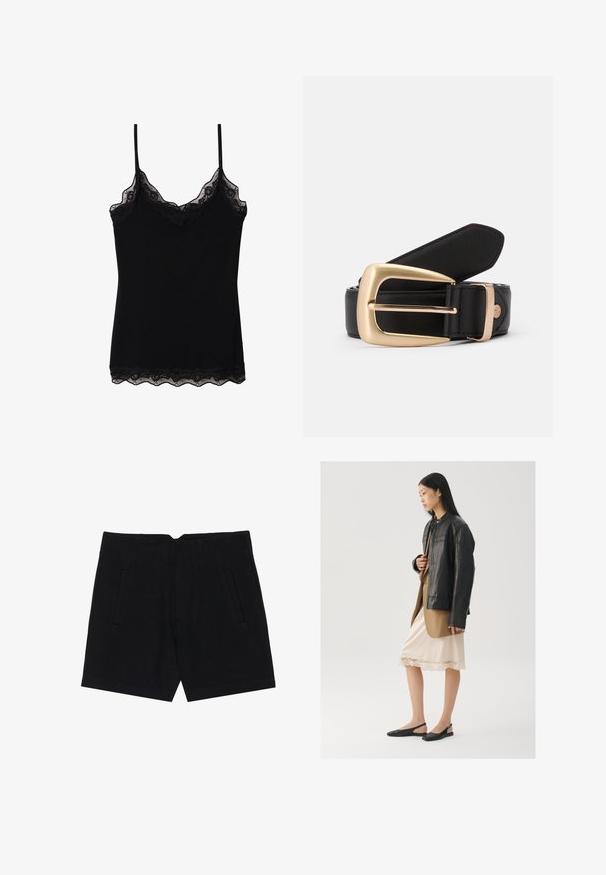 Camisole noire avec des bretelles réglables, un bord en dentelle festonnée le long de l'encolure et de l'ourlet, et un design ajusté. Fabriquée en tissu doux.; Shorts noirs en tissu lisse, avec des poches latérales, une coupe ajustée et des plis structurés à l'avant pour une silhouette épurée.; Veste en cuir noir portée sur un haut marron, associée à une robe légère crème à bretelles avec bordure en dentelle et des chaussures slingback noires.; Ceinture en cuir noir avec une boucle rectangulaire en or. La ceinture a une texture lisse et un subtil détail de couture le long des bords.