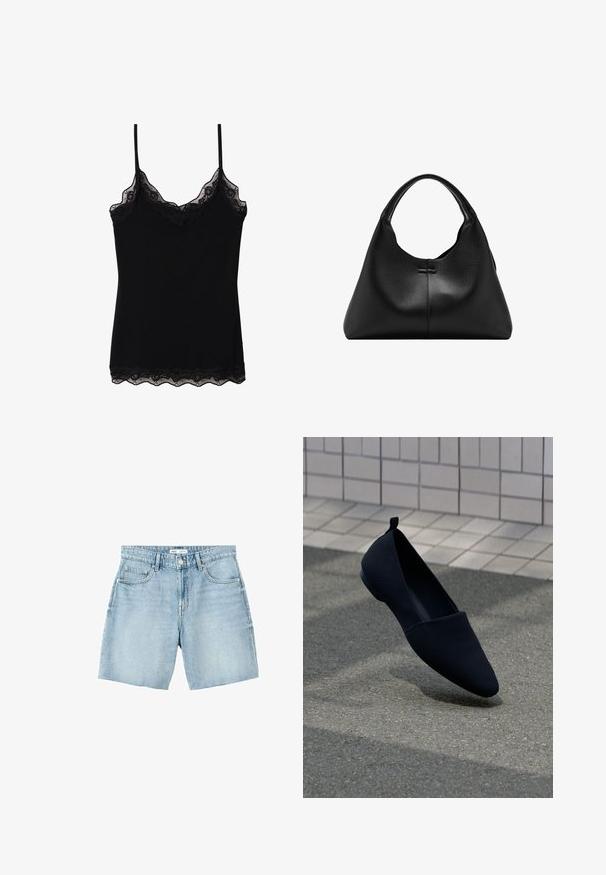 Schwarzes Spaghetti-Top mit verstellbaren Trägern, einem gewellten Spitzenbesatz entlang des Ausschnitts und Saums sowie einer figurschmeichelnden Passform. Hergestellt aus weichem Stoff.; Hellblaue Denim-Shorts mit Fünf-Taschen-Design, Gürtelschlaufen, Knopfverschluss und rohen Saumkanten.; Schwarzer flacher Schuh mit spitzem Zehenbereich, glatter Textur und minimalistischer Gestaltung. Verfügt über einen kleinen Absatz und eine Schlaufe an der Rückseite.; Schwarze Handtasche aus strukturiertem Leder mit einem einzelnen, gebogenen Griff und einem breiten, halbmondförmigen Körper.