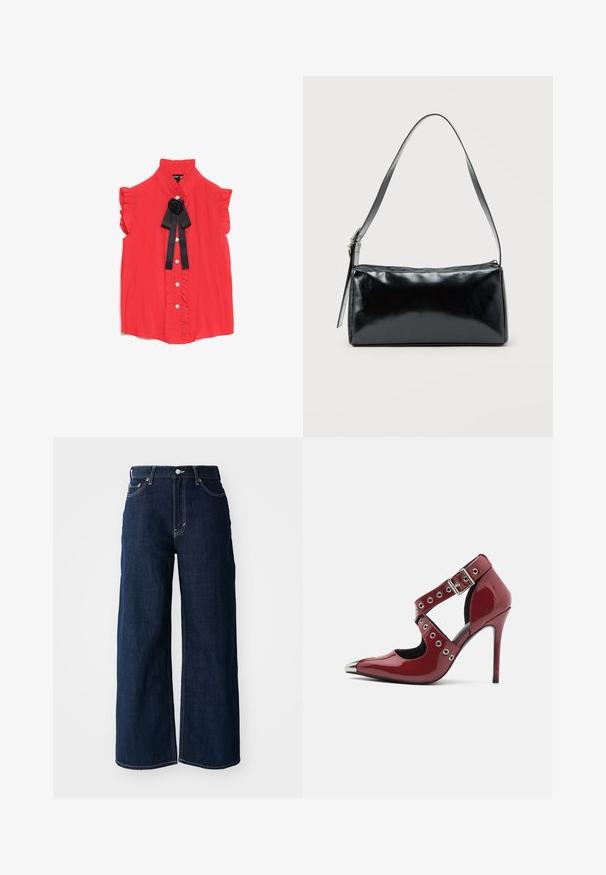 Rote Bluse mit kurzen Ärmeln, hoch geschlossenem Kragen, gerüschten Kanten, Knopfverschluss vorne und einem schwarzen Stoffrose-Akzent am Hals.; Weit geschnittene, dunkelblaue Jeans mit kontrastierenden Nähten, fünf Taschen und einem Knopfverschluss an der Taille.; Rote Lackleder-Pumps mit Ausschnittdesign, silbernen runden Ösen und spitzer Schuhspitze, ausgestattet mit einem metallischen Akzent an der Schuhspitze.; Schwarze rechteckige Schultertasche mit einem verstellbaren Riemen und einem oberen Reißverschluss vor einfachem Hintergrund.
