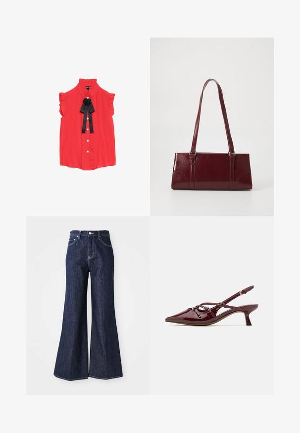 Rote Bluse mit kurzen Ärmeln, hoch geschlossenem Kragen, gerüschten Kanten, Knopfverschluss vorne und einem schwarzen Stoffrose-Akzent am Hals.; Dunkelblaue ausgestellte Jeans mit hoher Taille, die eine Knopf- und Reißverschlussöffnung haben. Weiße Nähte und weite Beine schaffen eine strukturierte Silhouette.; Burgunderfarbenes patentiertes Leder Slingback-Schuhwerk mit spitzer Zehenform, kleinem Absatz, dekorativen Riemen und glänzender Oberfläche.; Burgunderfarbene Handtasche aus glänzendem Material, rechteckige Form, mit zwei Schulterriemen und subtilen, geschwungenen Akzenten an der Vorderseite.