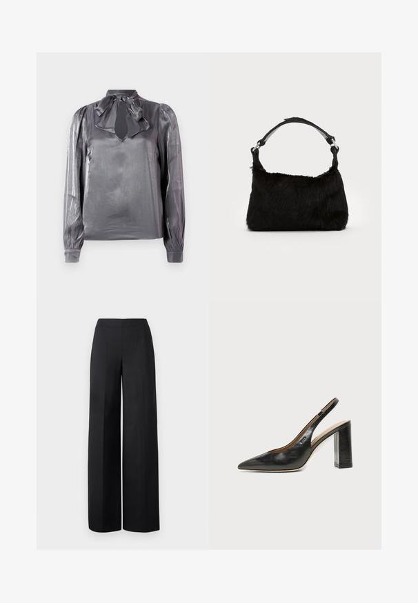 Blouse grise en satin avec un col en noeud, découpe en forme de clé, et manches longues avec des poignets élastiques. Texture lisse et léger éclat.; Pantalons larges noirs en tissu lisse. Dotés d'une taille haute et de lignes nettes et droites sans poches visibles ni embellissements.; Chaussure slingback en cuir noir à bout pointu avec un talon bloc haut et une doublure intérieure beige sur un fond clair uni.; Sac à main en fausse fourrure noire avec une texture douce, une forme arrondie et une bandoulière en cuir noir robuste. Accent en métal argenté visible.