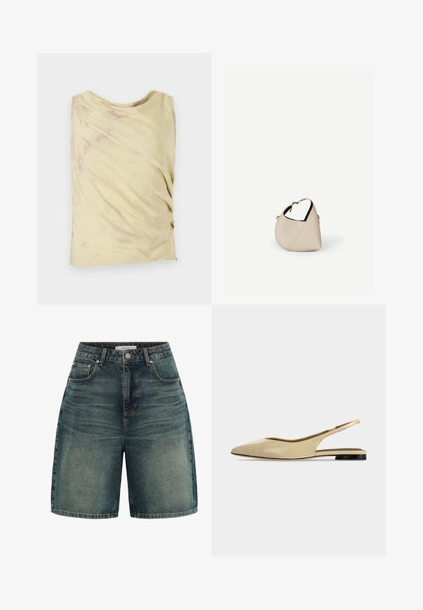 Haut sans manches jaune clair avec un design drapé et une texture marbrée subtile. Présente une coupe décontractée et un col rond.; Short en denim foncé taille haute avec bouton devant, passants pour ceinture, poches avant et détails délavés sur le tissu.; Chaussure plate beige à bout pointu avec bride arrière, petit talon noir et finition en cuir lisse, vue de côté sur un fond uni.; Sac à main en cuir beige en forme de croissant avec une seule bandoulière et des coutures minimalistes, posé sur un fond blanc uni.
