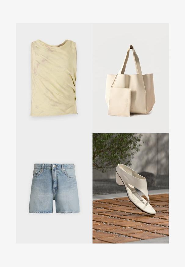 Haut sans manches jaune clair avec un design drapé et une texture marbrée subtile. Présente une coupe décontractée et un col rond.; Short en jean bleu clair avec bouton à l’avant, fermeture éclair, passants pour ceinture et poches avant, présenté sur un fond gris uni.; Sandale à talon en cuir blanc avec une large bride et un entre-doigts, exposée en extérieur sur une surface carrelée en bois et en gravier avec de la verdure en arrière-plan.; Grand sac cabas beige à texture côtelée avec pochette amovible assortie avec fermeture éclair à l'avant sur un fond uni.