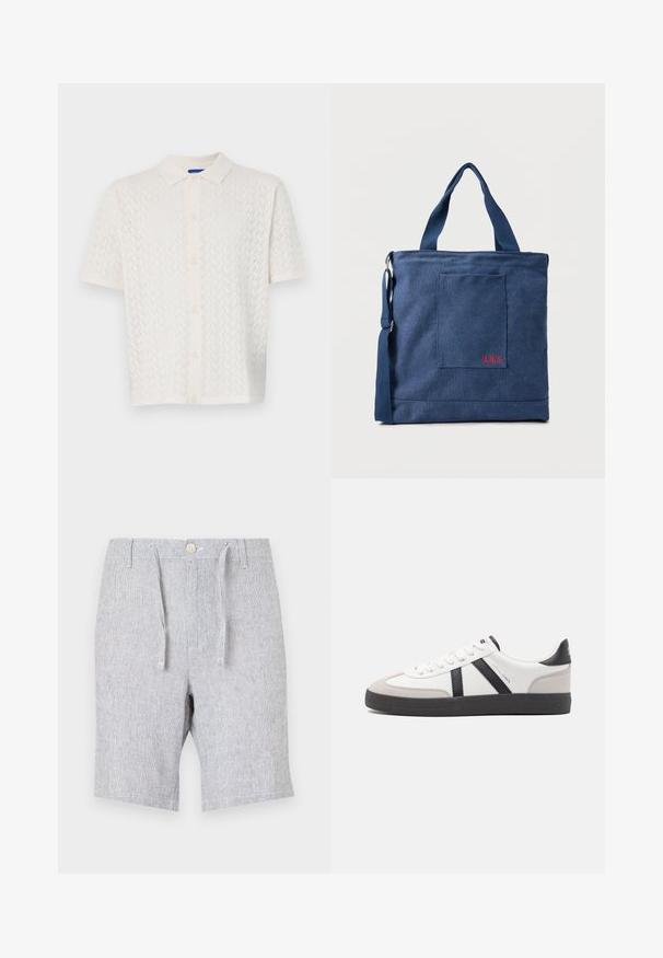 Polo à manches courtes en blanc cassé, présentant un motif texturé, un bouton sur le devant et un design de col classique.; Shorts gris clair en tissu texturé, dotés d'un cordon de serrage et d'une fermeture à bouton, avec deux poches latérales et une coupe droite.; Baskets blanches avec des accents noirs et gris, présentant un embout texturé gris, une semelle en caoutchouc noir et des lacets plats blancs. Design épuré, style minimaliste.; Sac fourre-tout en toile bleue avec poche frontale et broderie rouge "O.N.S", doté de doubles poignées et d'une bandoulière réglable.
