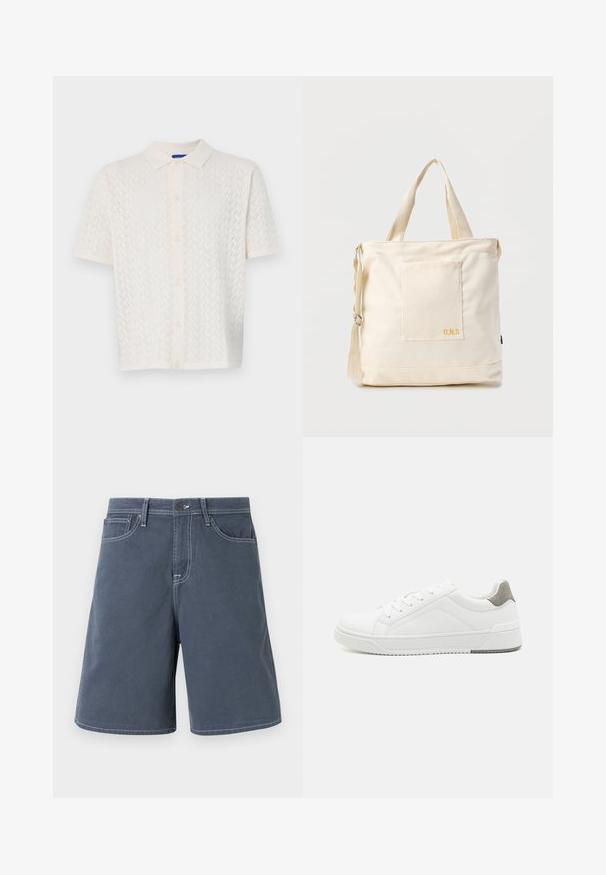 Korte mouw polo in off-white, met een textuurpatroon, knoopsluiting aan de voorkant en een klassiek kraagontwerp.; Donkerblauwe katoenen shorts met witte stiksels, vijf zakken en een knoopsluiting in de taille. Rechte pijpen, minimale details.; Witte sneaker van glad leer met een ronde neus, minimalistisch ontwerp, grijze hielaccent en een geplaatste rubberen zool.; Crèmekleurige canvas boodschappentas met voorvak, twee handvatten, verstelbare schouderriem en kleine gele "O.N.S" tekst rechtsonder op het vak.
