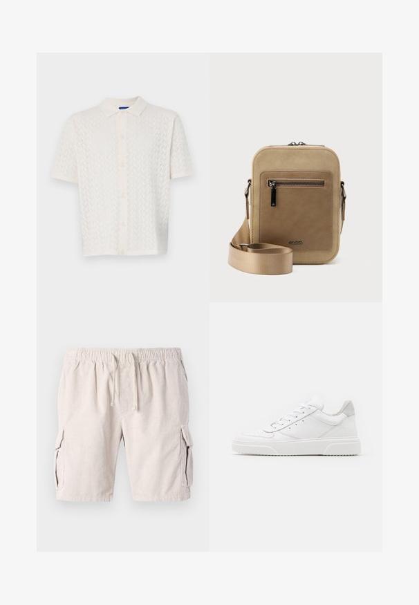Polo tričko s krátkymi rukávmi v off-white farbe, s textúrovaným vzorom, zapínaním na gombíky vpredu a klasickým golierom.; Béžové kordové cargo kraťasy s elastickým pásom, uzatváraním na šnúrku a dvoma bočnými vreckami. Tkanina má textúrovaný, ryhovaný vzor.; Biele kožené tenisky s hladkým povrchom, zaoblenou špičkou, plochými šnúrkami a textúrovanou podrážkou. Sivý semišový akcent na päte.; Malá béžová kabelka cez rameno s predným vreckom na zips, kovovým logom ALDO, nastaviteľným širokým popruhom a zaobleným obdĺžnikovým tvarom na bielom pozadí.