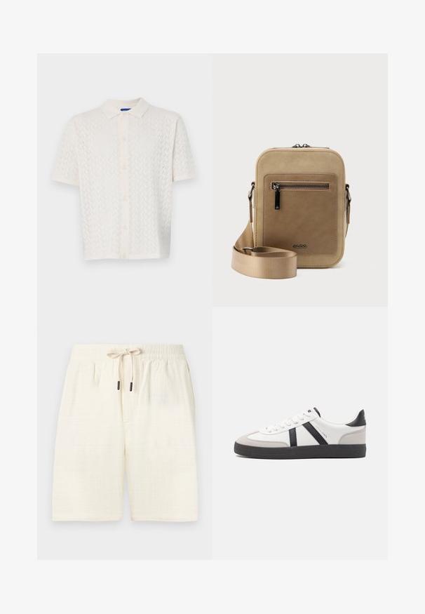 Korte mouw polo in off-white, met een textuurpatroon, knoopsluiting aan de voorkant en een klassiek kraagontwerp.; Crème-kleurige shorts van een gestructureerde stof met een ruitpatroon. Beschikt over een elastische tailleband met een koord en twee zijzakken.; Witte sneaker met zwarte en grijze accenten, voorzien van een grijze neus met textuur, zwarte rubberen zool en platte witte veters. Schoon ontwerp, minimalistische stijl.; Kleine beige crossbodytas met een voorvak met ritssluiting, metalen ALDO-logo, verstelbare brede band en afgeronde rechthoekige vorm op een witte achtergrond.